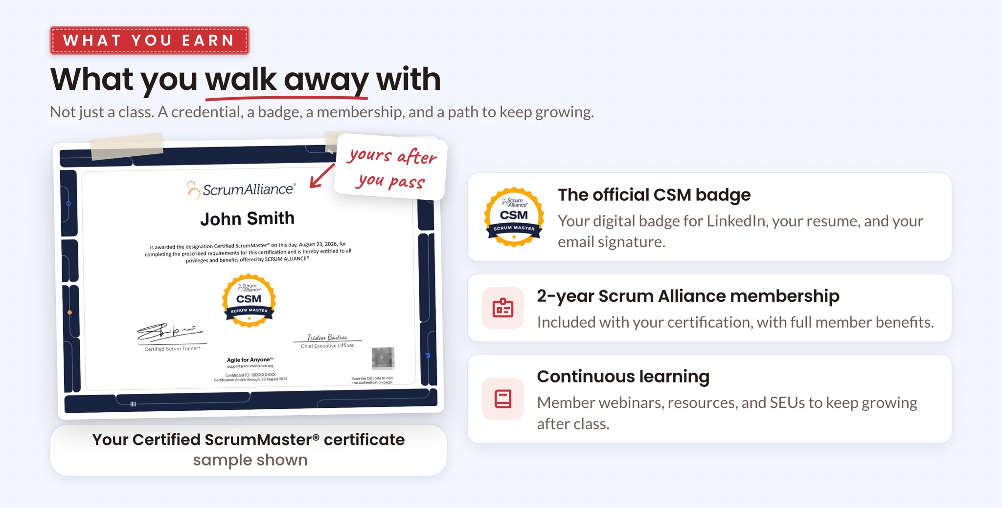 What you walk away with: a sample Certified ScrumMaster certificate in the name John Smith, the official CSM digital badge, a 2-year Scrum Alliance membership, and continuous learning through member webinars, resources, and SEUs.