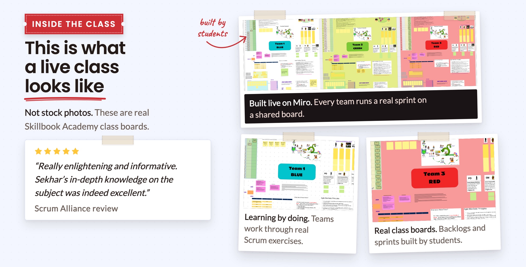 Real Skillbook Academy class boards built live on Miro: a three-team sprint board and a team backlog built by students.