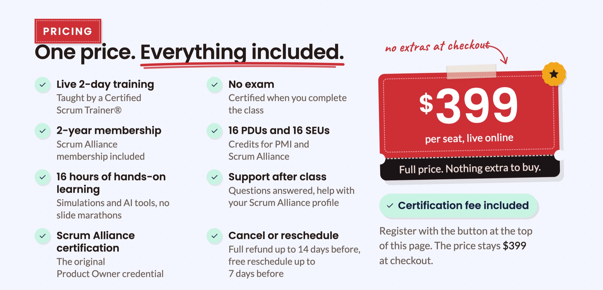 One price, everything included: 399 dollars per seat, live online. Live 2-day training, no exam, 2-year Scrum Alliance membership, 16 PDUs and 16 SEUs, hands-on learning, support after class, full refund up to 14 days before class. Certification fee included.