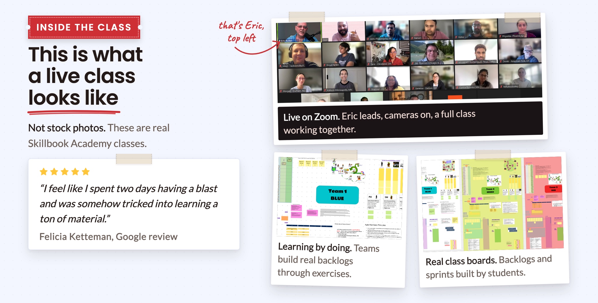 Real Skillbook Academy classes: Eric leading a live Zoom class with cameras on, teams building real backlogs, and class boards built by students.