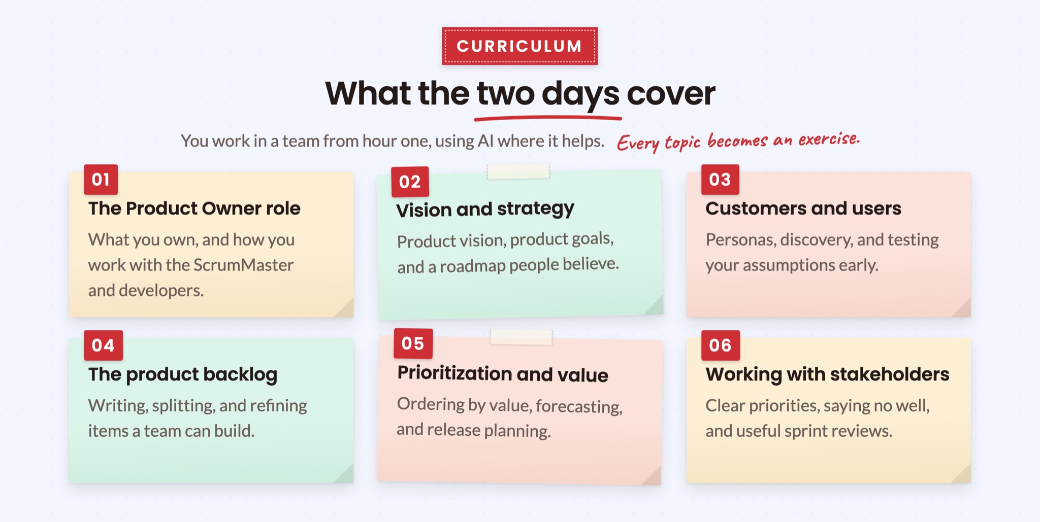 What the two days cover: the Product Owner role, vision and strategy, customers and users, the product backlog, prioritization and value, and working with stakeholders.