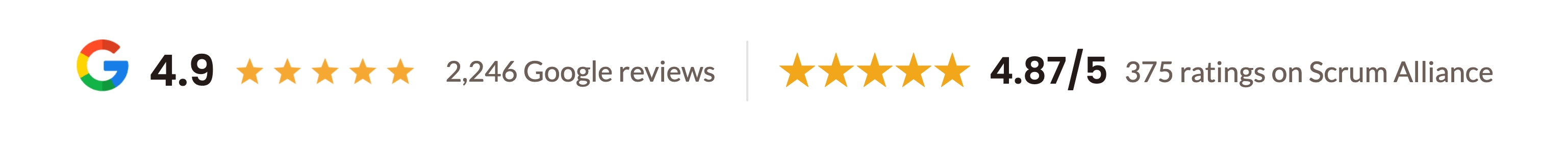 Google rating 4.9 from 2,199 reviews. 4.87 out of 5 from 375 ratings on Scrum Alliance.